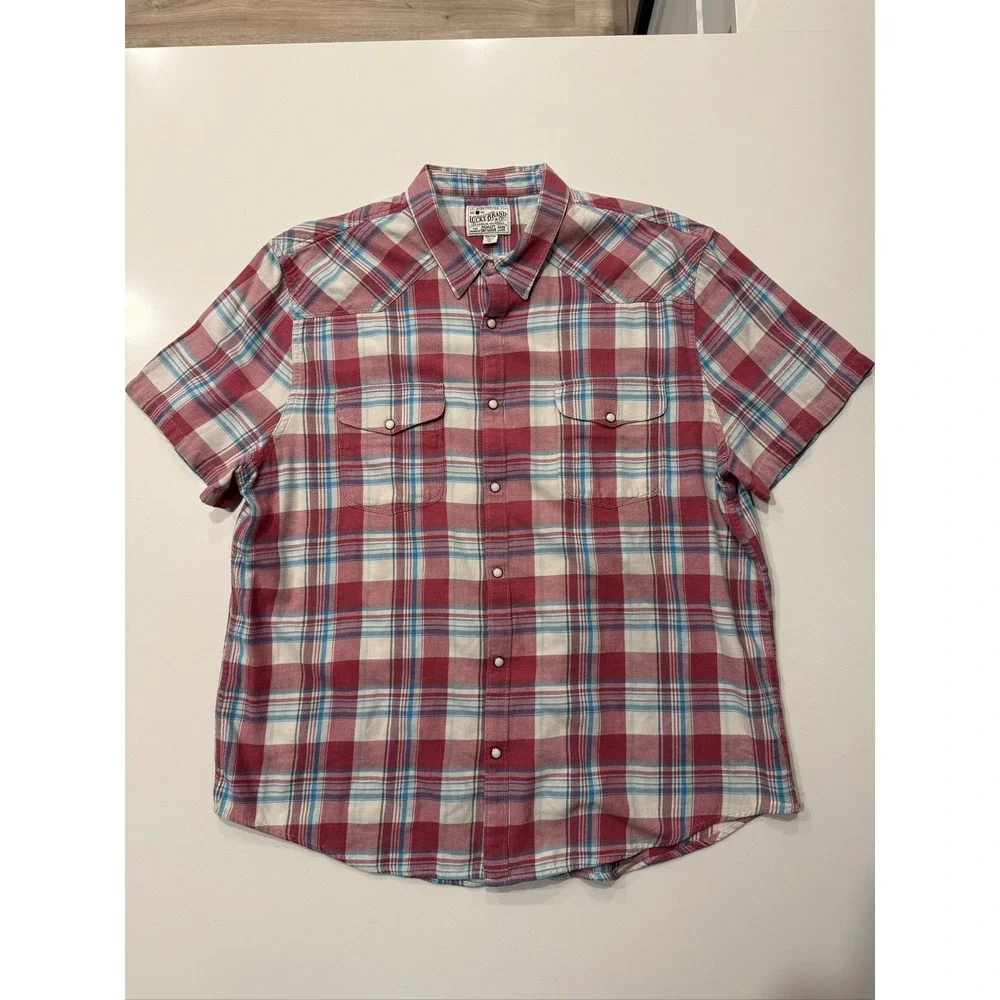 Lucky Brand Men's Red Blue White Plaid Pearl Snap Cotton Short Sleeve XXL